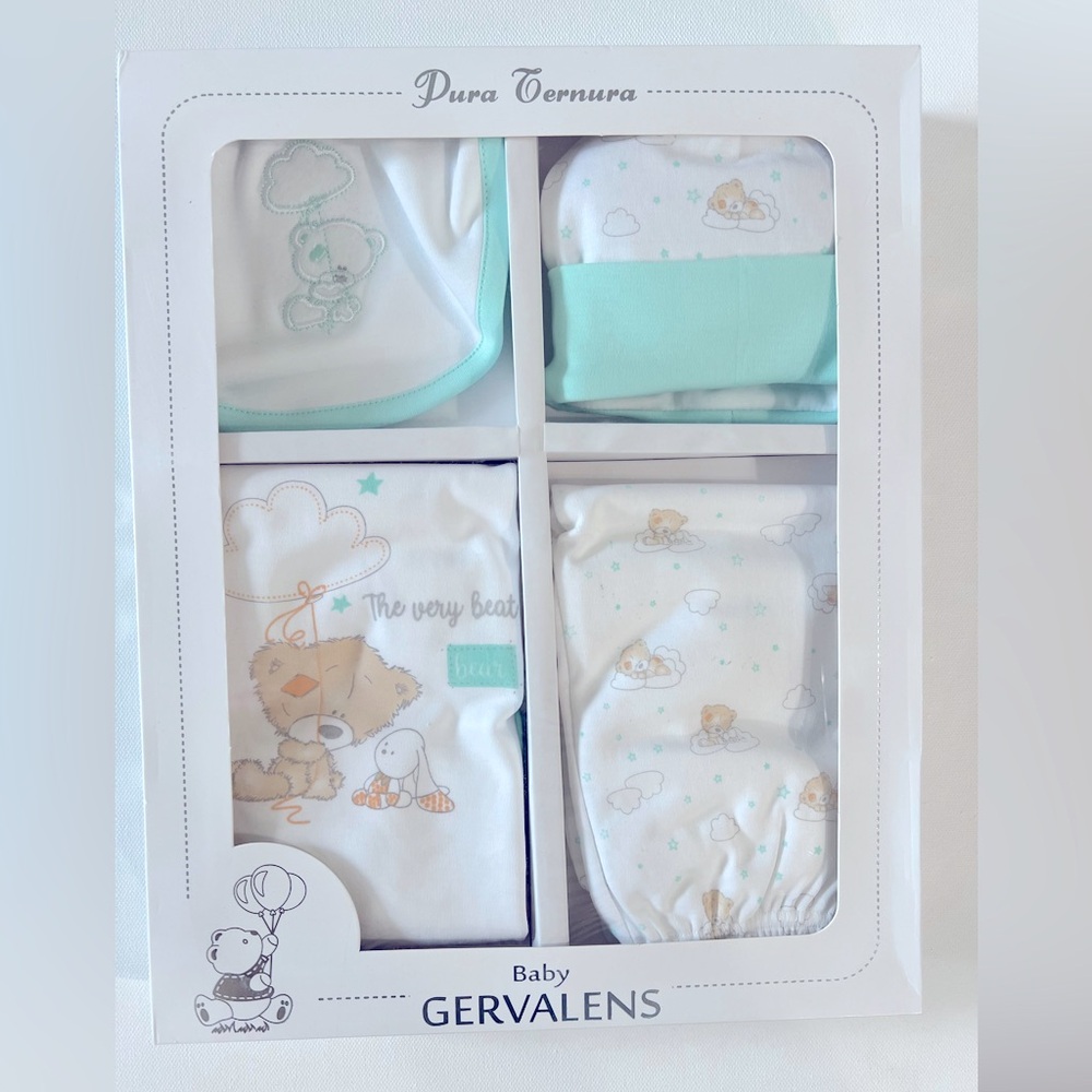 Pima Cotton 0-3 Months Baby Girl 4 pc set, pant, body, hat, baby bib. Mint white